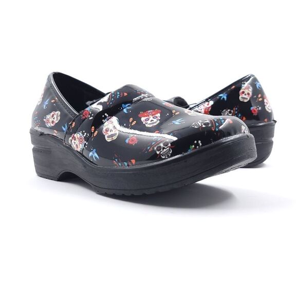 Easy Spirit Laurie Day of the Dead Skulls Black Clogs Womens 6M Slip Resistant - Picture 1 of 13